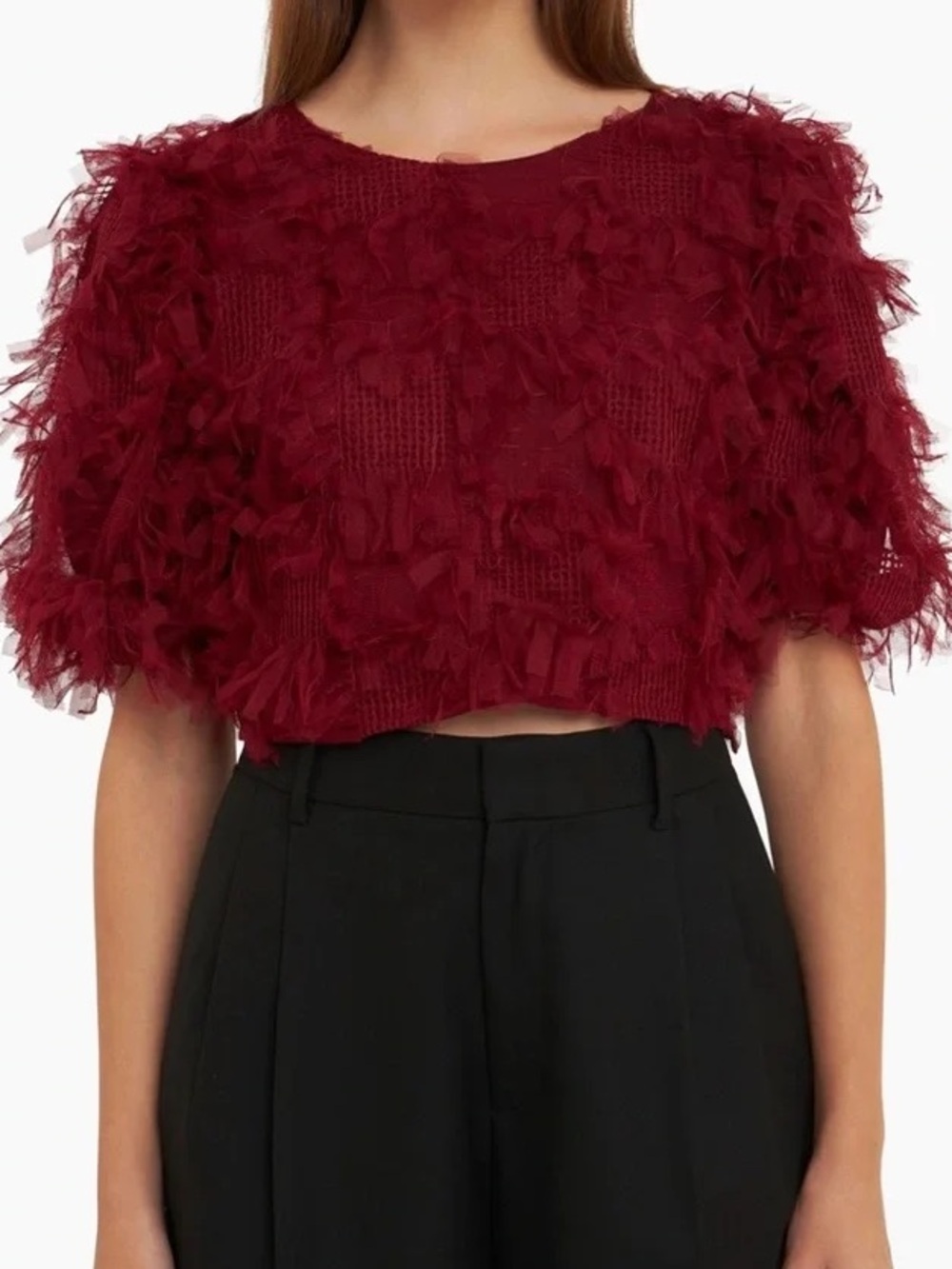 NWT ENDLESS ROSE Gridded Mesh Feathered Cropped Burgundy Top Size S